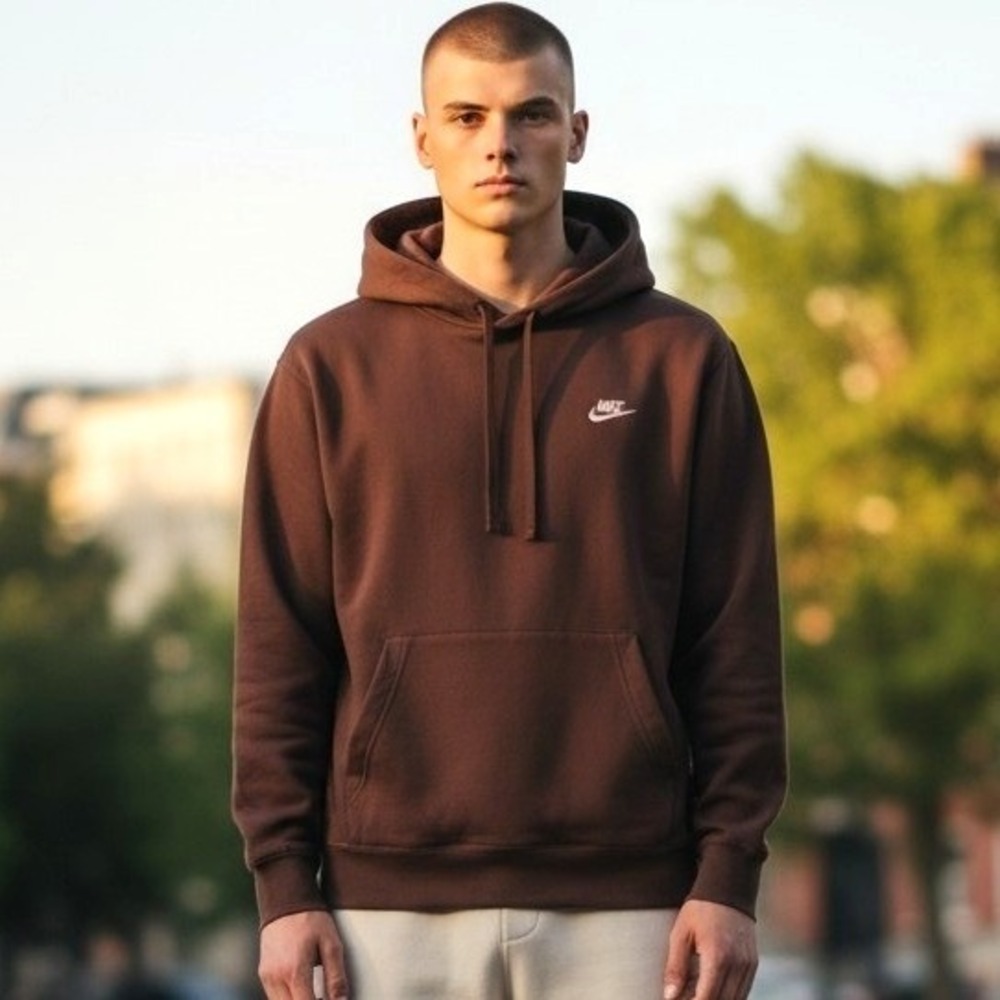 Nike Sportswear Club Fleece Hoodie Brown Mens Small Embroidered Logo Pullover